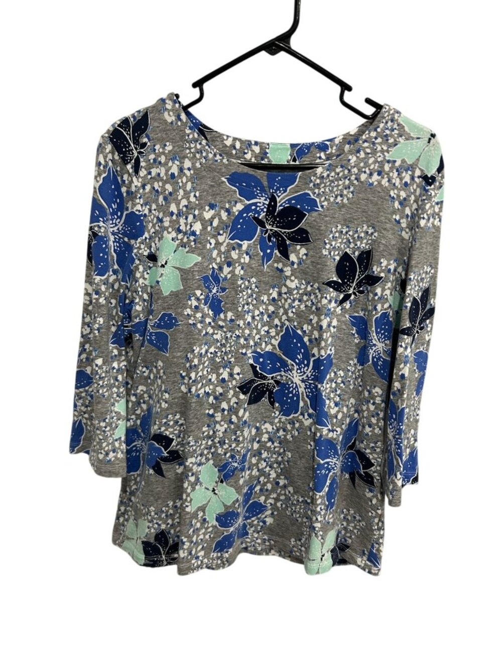 Coral Bay Large Gray Floral Long Sleeve Scoop Neck Top Artsy Coquette